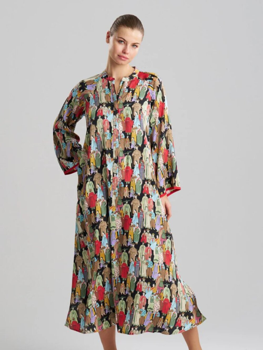 NATORI Dynasty Mandarin Printed Satin Zip Front Caftan Nightgown, Size L